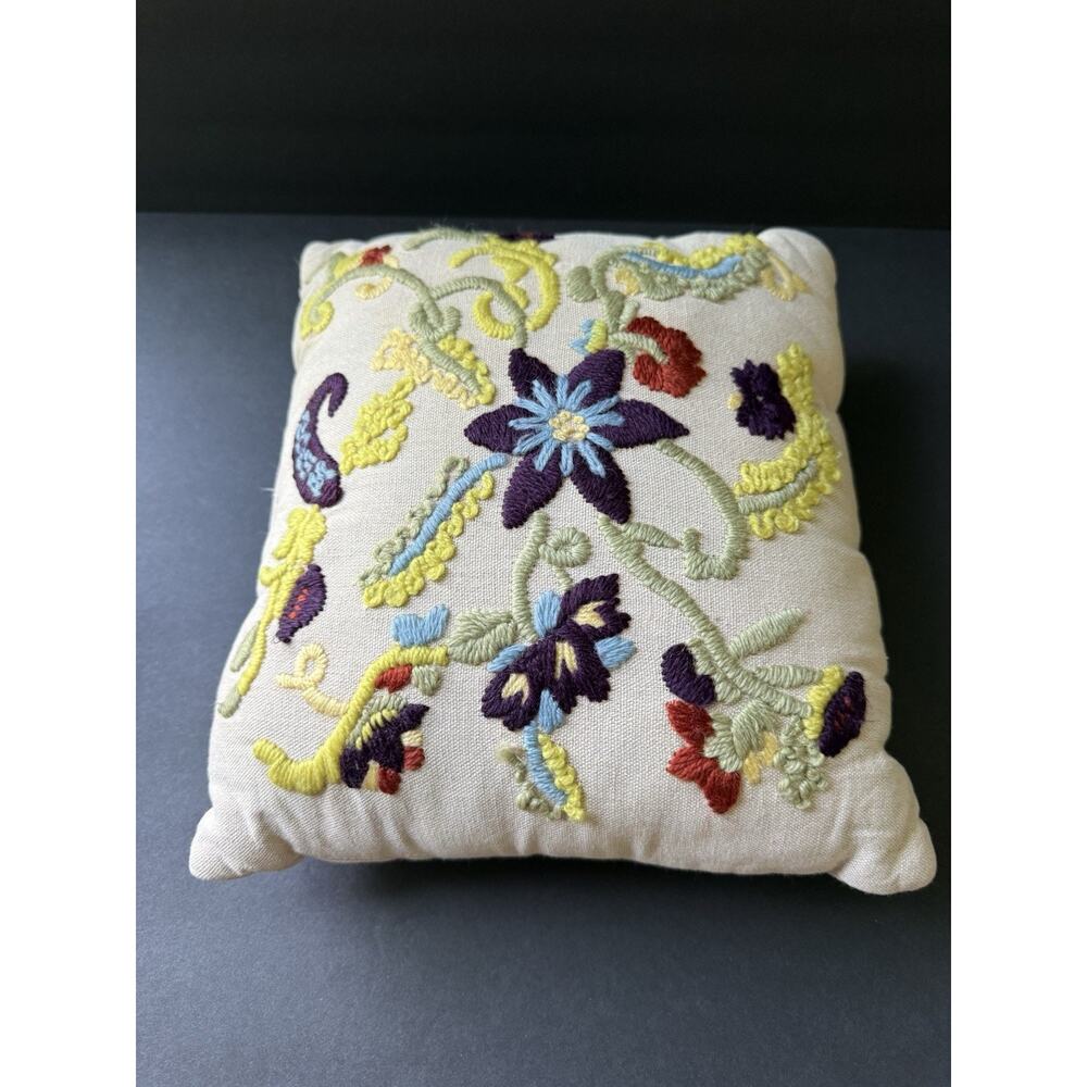 Embroidered Floral Square Throw Pillow Cotton Linen Beige Cottagecore Farmhouse